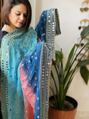 Teal, Peach, Sky Crepe Dupatta with Mirror and Cut Daana Work with Gota Lace Border
