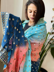Teal, Peach, Sky Crepe Dupatta with Mirror and Cut Daana Work with Gota Lace Border