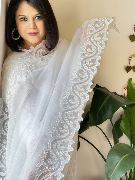 White Kota Cotton Dupatta with Cut Work