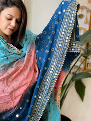 Teal, Peach, Sky Crepe Dupatta with Mirror and Cut Daana Work with Gota Lace Border