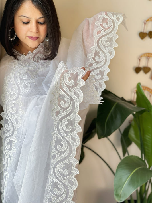 White Kota Cotton Dupatta with Cut Work