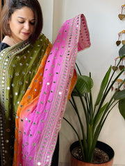 Pink, Orange, Green Crepe Dupatta with Mirror and Cut Daana Work with Gota Lace Border