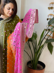 Pink, Orange, Green Crepe Dupatta with Mirror and Cut Daana Work with Gota Lace Border