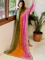 Pink, Orange, Green Crepe Dupatta with Mirror and Cut Daana Work with Gota Lace Border
