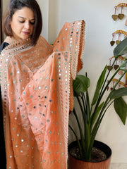 Peach Crepe Dupatta with Mirror and Cut Daana Work with Gota Lace Border