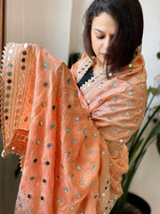 Peach Crepe Dupatta with Mirror and Cut Daana Work with Gota Lace Border