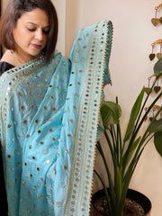 Sky Blue Crepe Dupatta with Mirror and Cut Daana Work with Gota Lace Border