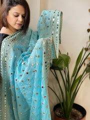 Sky Blue Crepe Dupatta with Mirror and Cut Daana Work with Gota Lace Border