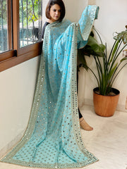 Sky Blue Crepe Dupatta with Mirror and Cut Daana Work with Gota Lace Border