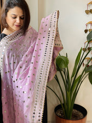 Baby Pink Crepe Dupatta with Mirror and Cut Daana Work with Gota Lace Border