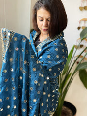 Teal Crepe Dupatta with Mirror and Cut Daana Work with Gota Lace Border