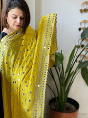 Yellow Crepe Dupatta with Mirror and Cut Daana Work with Gota Lace Border