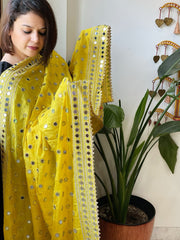 Yellow Crepe Dupatta with Mirror and Cut Daana Work with Gota Lace Border