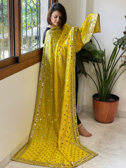 Yellow Crepe Dupatta with Mirror and Cut Daana Work with Gota Lace Border