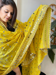 Yellow Crepe Dupatta with Mirror and Cut Daana Work with Gota Lace Border