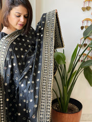 Black Crepe Dupatta with Mirror and Cut Daana Work with Gota Lace Border