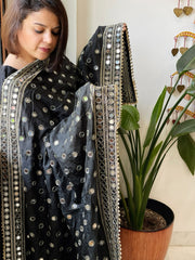Black Crepe Dupatta with Mirror and Cut Daana Work with Gota Lace Border