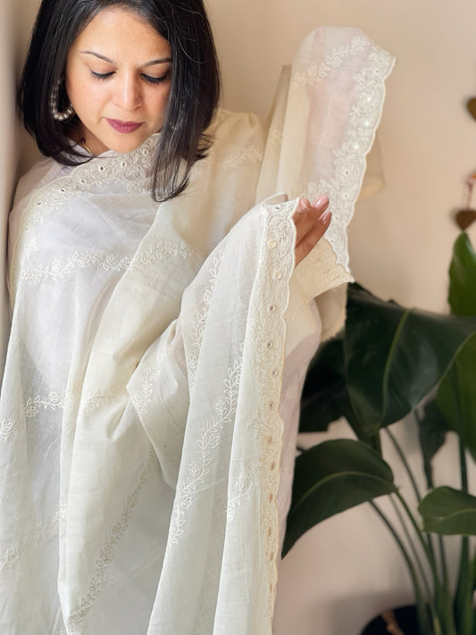 Ivory Cotton Dupatta with Embroidery and Foil Mirror Work