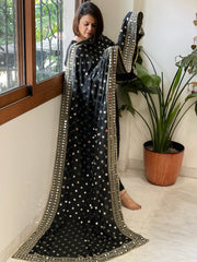 Black Crepe Dupatta with Mirror and Cut Daana Work with Gota Lace Border
