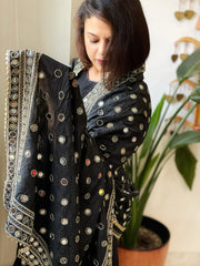 Black Crepe Dupatta with Mirror and Cut Daana Work with Gota Lace Border
