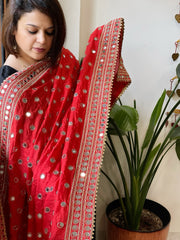 Red Crepe Dupatta with Mirror and Cut Daana Work with Gota Lace Border