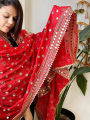 Red Crepe Dupatta with Mirror and Cut Daana Work with Gota Lace Border