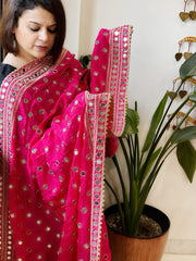 Hot Pink Crepe Dupatta with Mirror and Cut Daana Work with Gota Lace Border