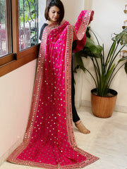 Hot Pink Crepe Dupatta with Mirror and Cut Daana Work with Gota Lace Border