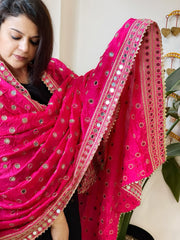 Hot Pink Crepe Dupatta with Mirror and Cut Daana Work with Gota Lace Border