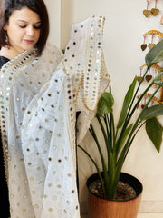 White Crepe Dupatta with Mirror and Cut Daana Work with Gota Lace Border