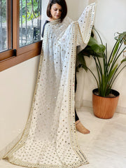 White Crepe Dupatta with Mirror and Cut Daana Work with Gota Lace Border