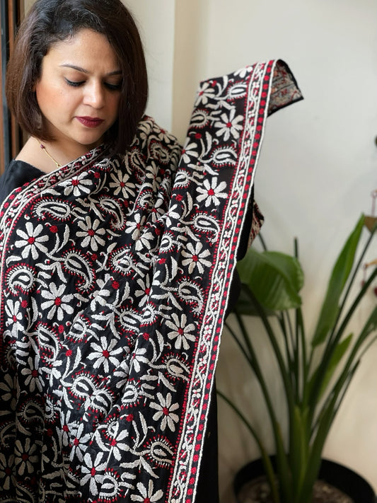 Red, Black Lucknowi Handwork Dupatta in Pure Georgette