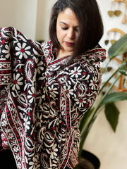 Red, Black Lucknowi Handwork Dupatta in Pure Georgette
