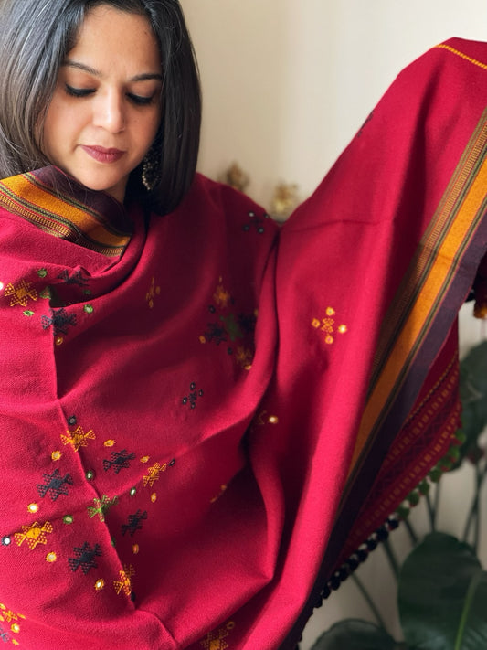 Maroon Handwoven Woollen Shawl with Mirror Handwork