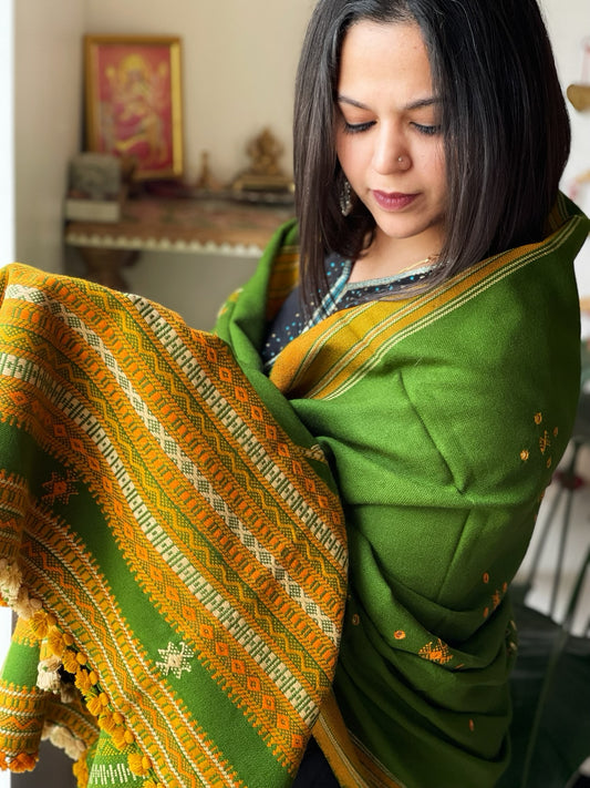 Leaf Green Handwoven Woollen Shawl with Mirror Handwork