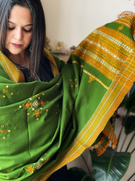 Leaf Green Handwoven Woollen Shawl with Mirror Handwork