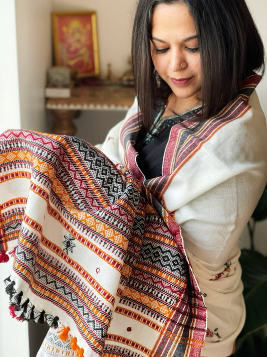 Off-White Handwoven Woollen Shawl with Mirror Handwork