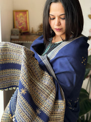 Blue Handwoven Woollen Shawl with Mirror Handwork