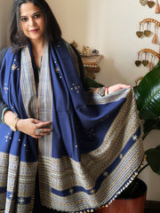 Blue Handwoven Woollen Shawl with Mirror Handwork