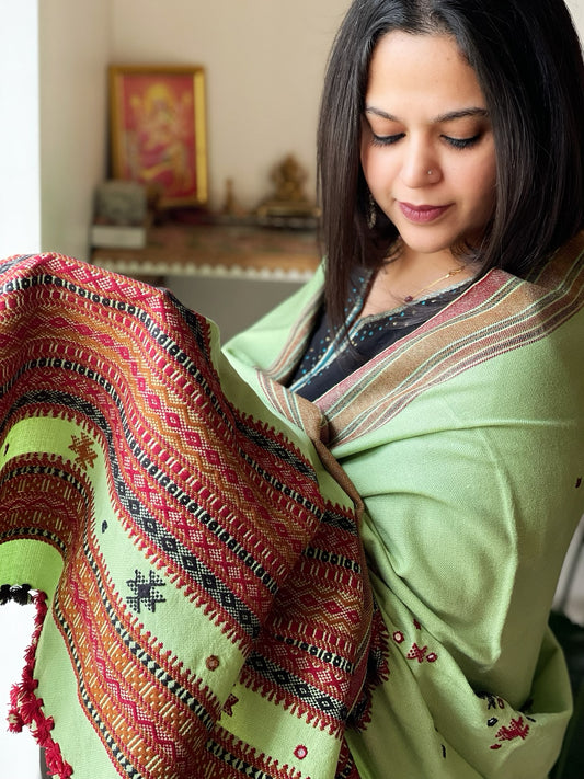 Mint Green Handwoven Woollen Shawl with Mirror Handwork