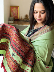 Mint Green Handwoven Woollen Shawl with Mirror Handwork