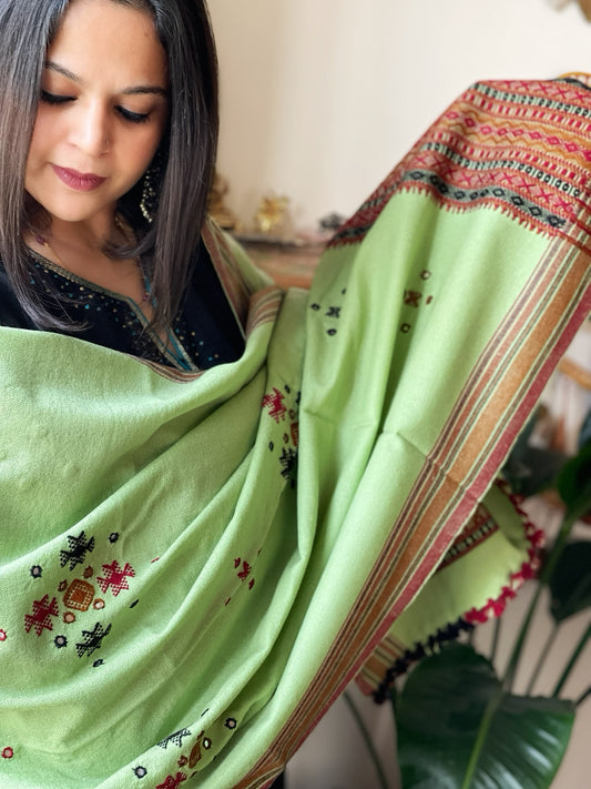 Mint Green Handwoven Woollen Shawl with Mirror Handwork