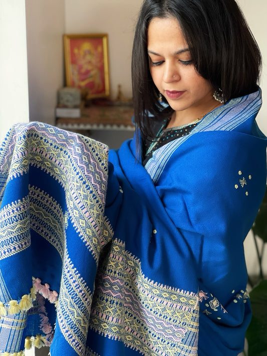 Royal Blue Handwoven Woollen Shawl with Mirror Handwork