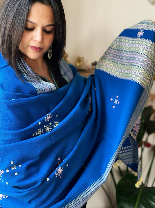 Royal Blue Handwoven Woollen Shawl with Mirror Handwork