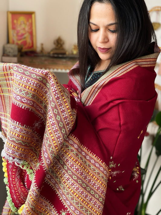 Maroon Handwoven Woollen Shawl with Mirror Handwork