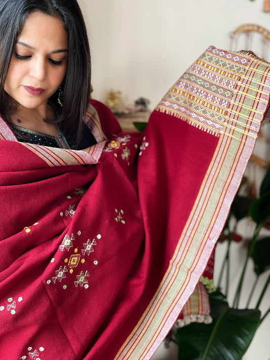 Maroon Handwoven Woollen Shawl with Mirror Handwork