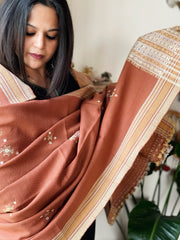 Peach Handwoven Woollen Shawl with Mirror Handwork