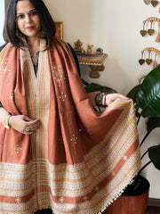 Peach Handwoven Woollen Shawl with Mirror Handwork