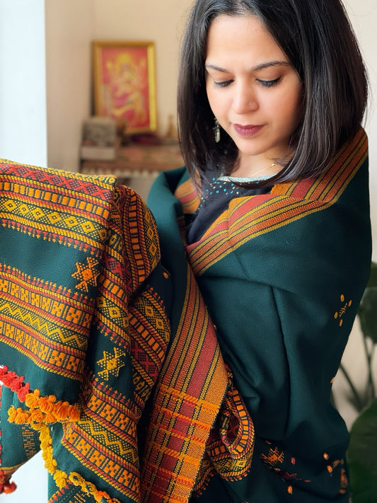 Bottle Green Handwoven Woollen Shawl with Mirror Handwork