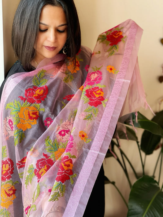 Pink Organza Dupatta with cross-stitch embroidery